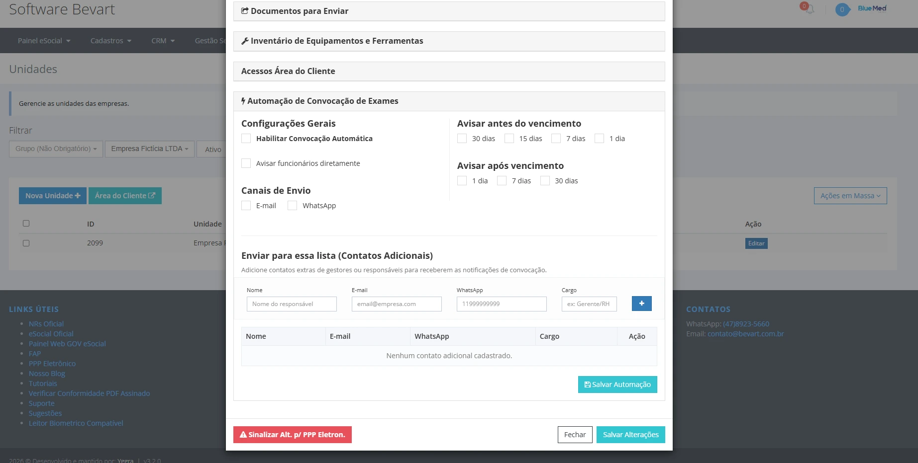 Tela de alertas de exames e ASO a vencer no Bevart
