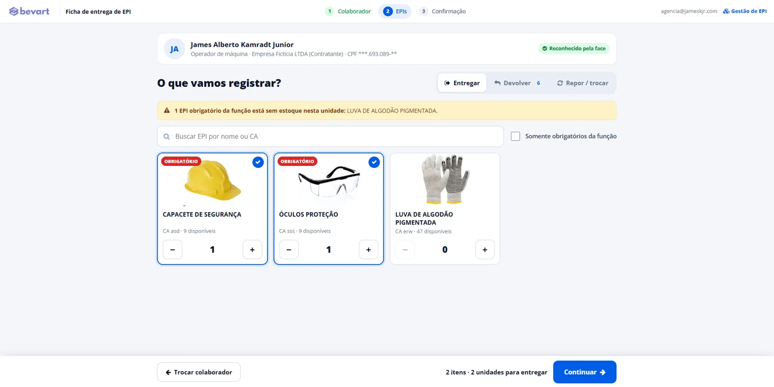 Tela de entrega de EPI com o colaborador reconhecido pela face, capacete e óculos marcados como obrigatórios da função e aviso de EPI obrigatório sem estoque