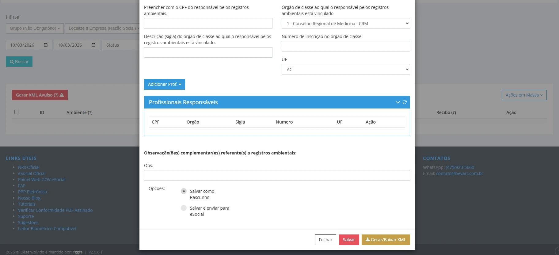 Painel de eventos do eSocial SST no Bevart com status de envio