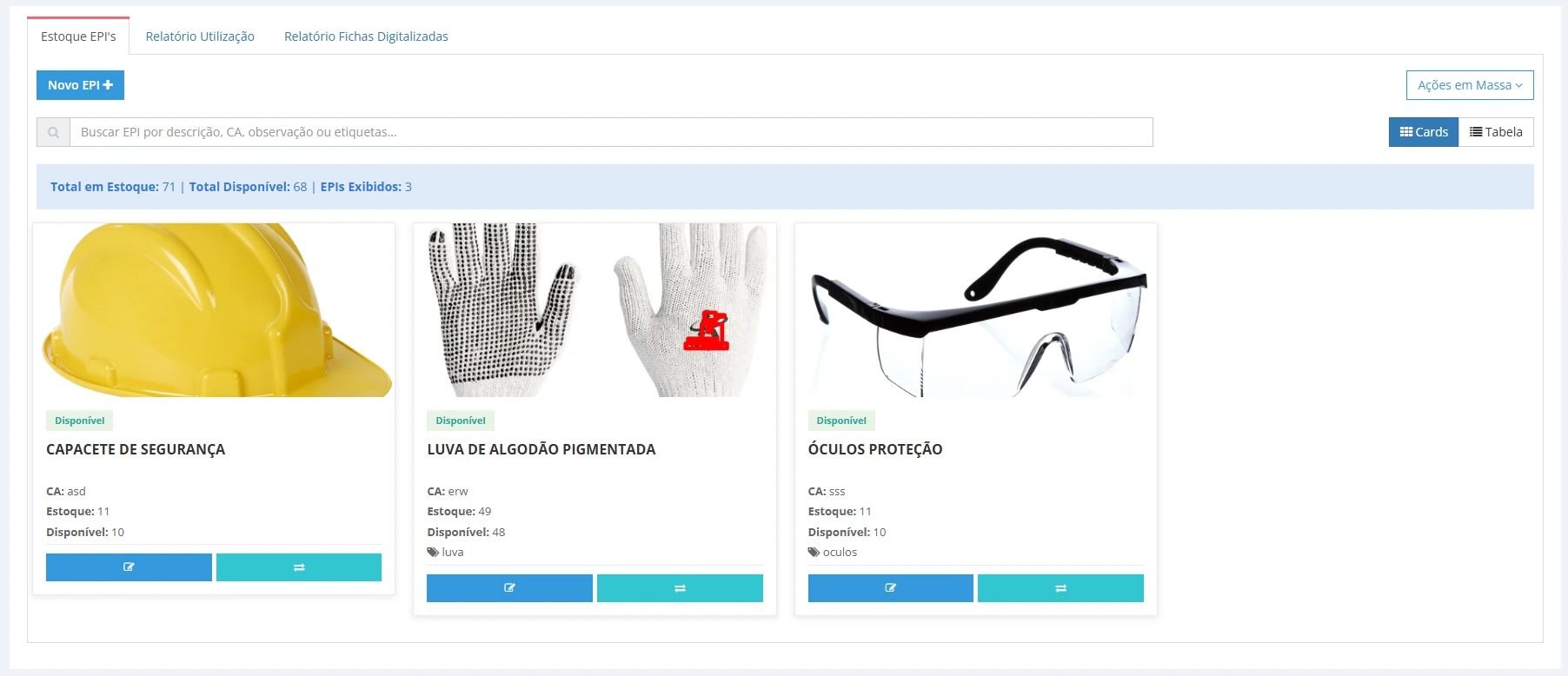 Tela de gestão de EPI do Bevart com o estoque da unidade, indicadores de disponibilidade e acesso à ficha de entrega