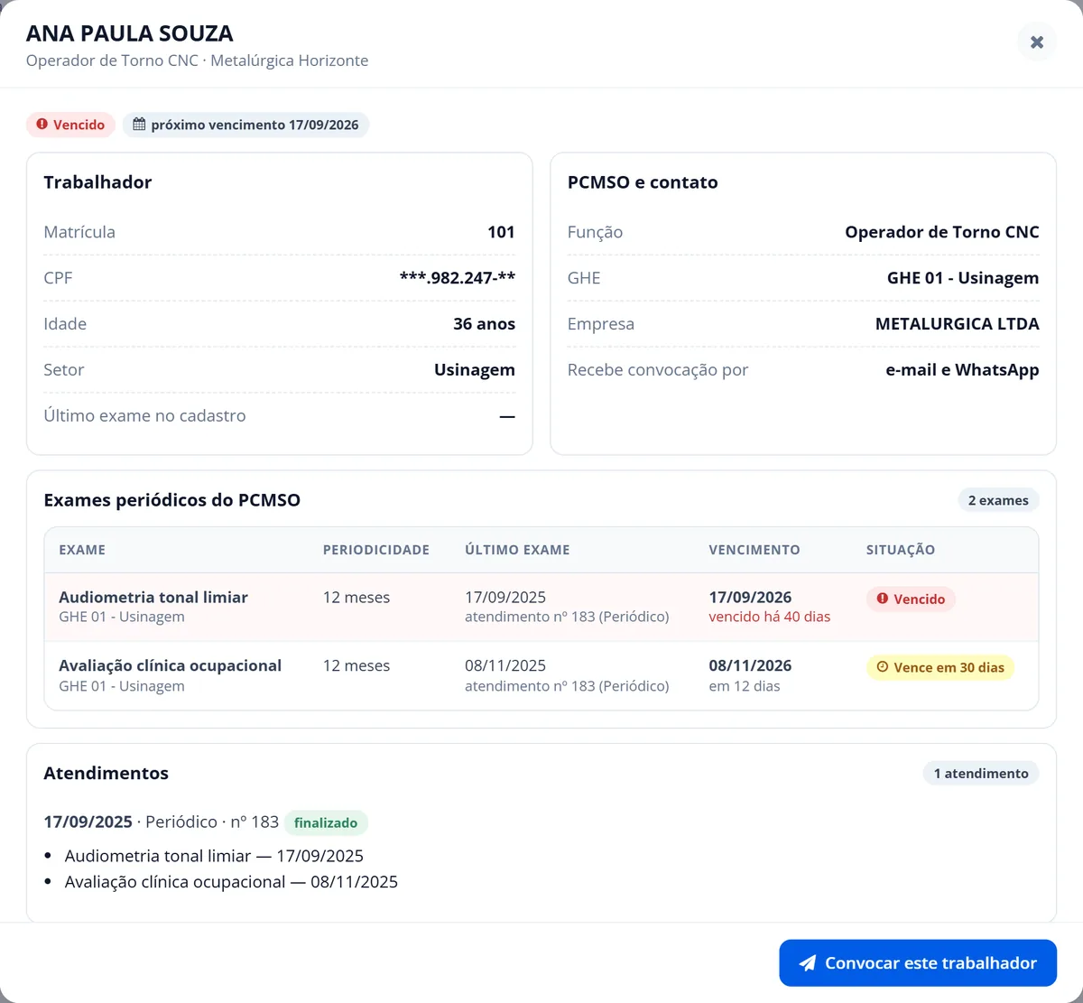 Detalhe da trabalhadora com exames do PCMSO, vencimentos e botão para convocar