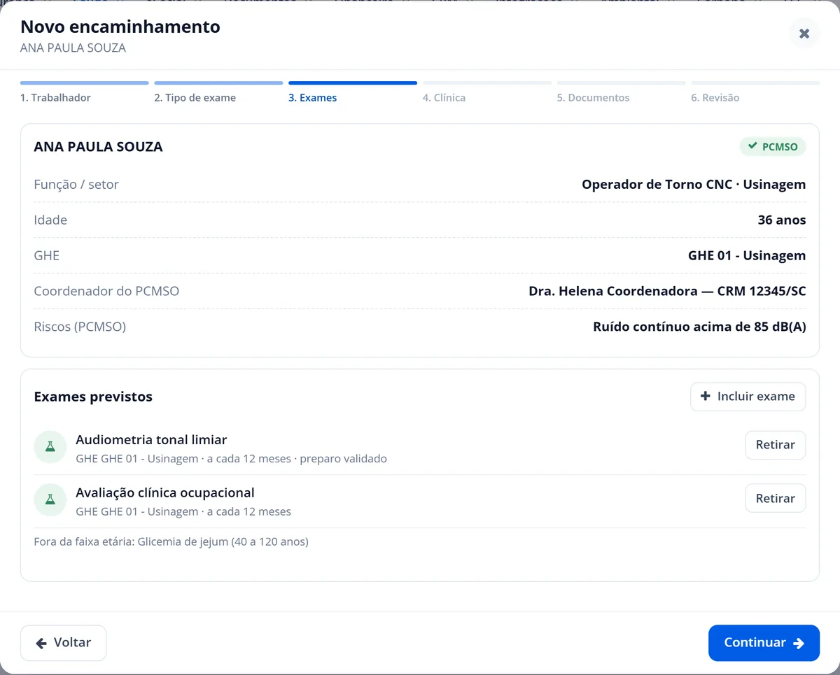 Encaminhamento com os exames previstos pelo PCMSO