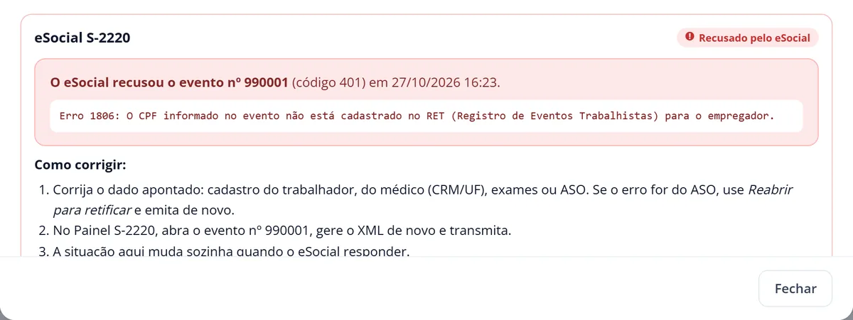 Evento S-2220 recusado pelo eSocial com a mensagem do governo e como corrigir