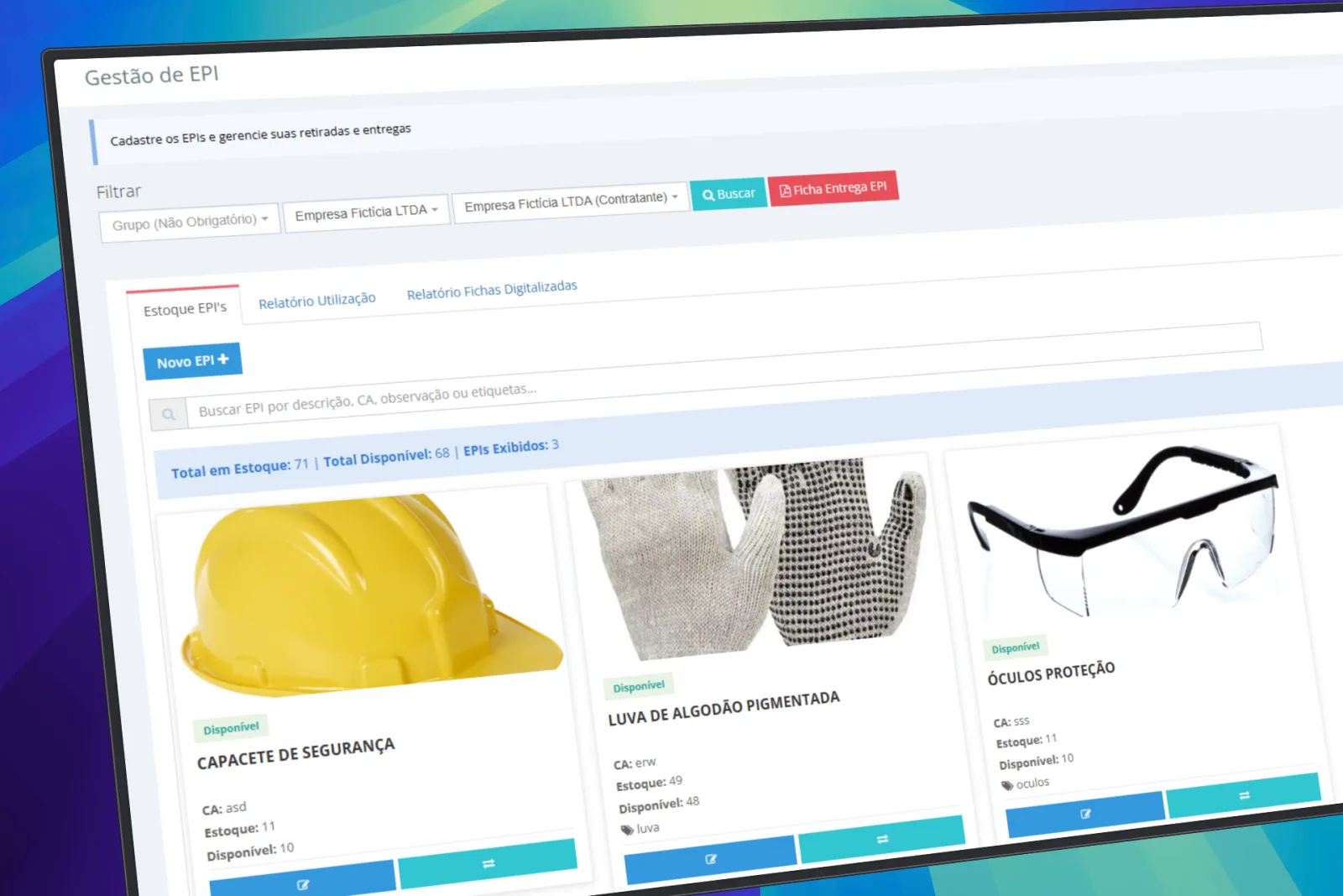 Tela de estoque e ficha de entrega de EPI no Bevart, com saldo por equipamento e CA