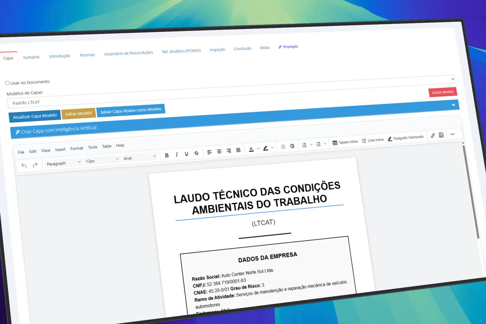 Editor de personalização de modelo de documento de SST no Bevart, com capa e capítulos
