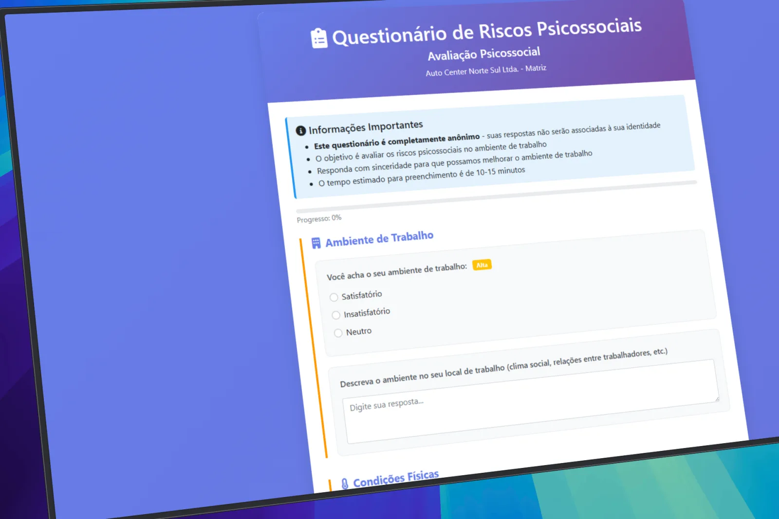 Questionário de avaliação de risco psicossocial no Bevart, com os fatores avaliados e a classificação do risco