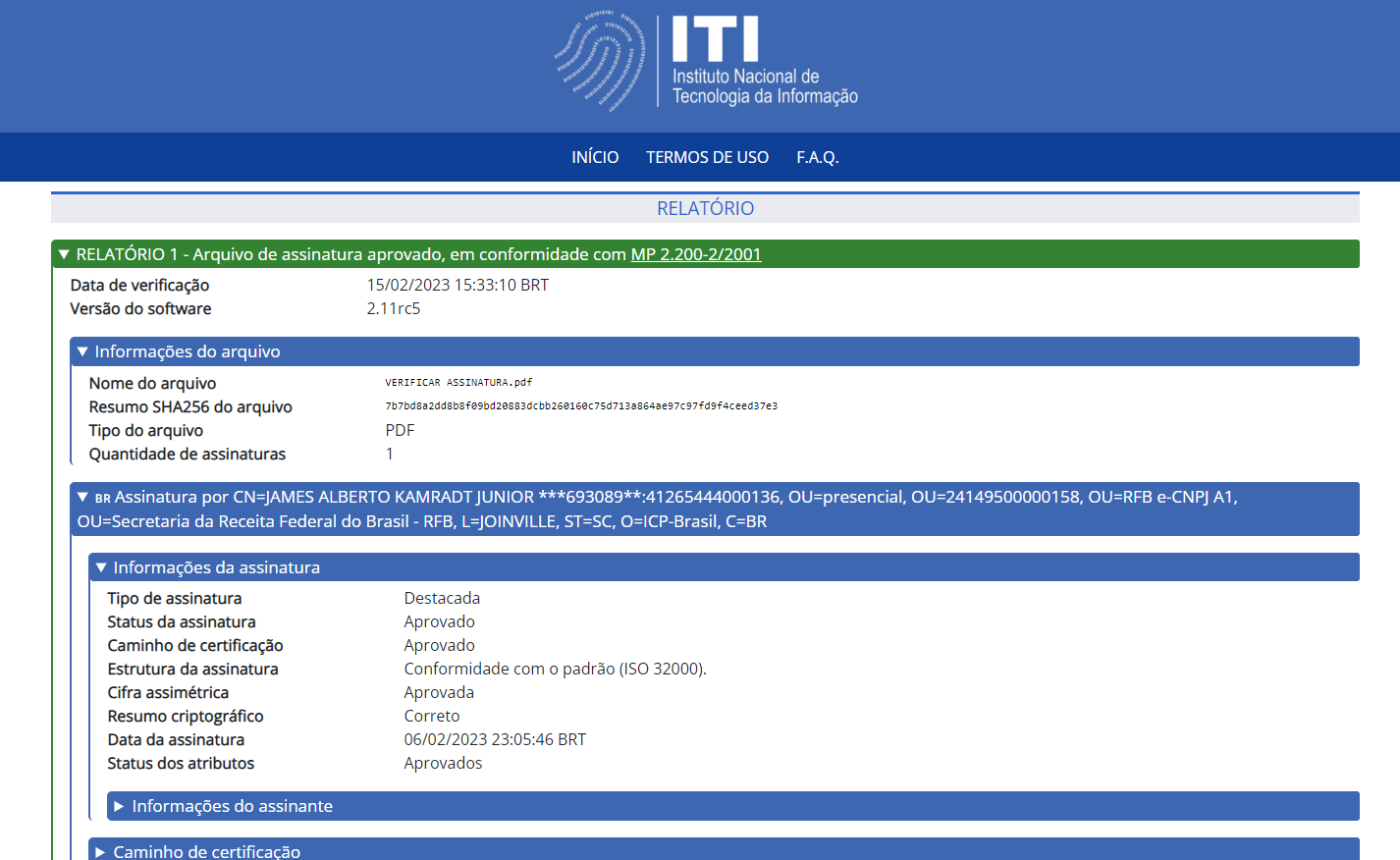 Verificador de conformidade do ITI exibindo o resultado da validação do PDF assinado