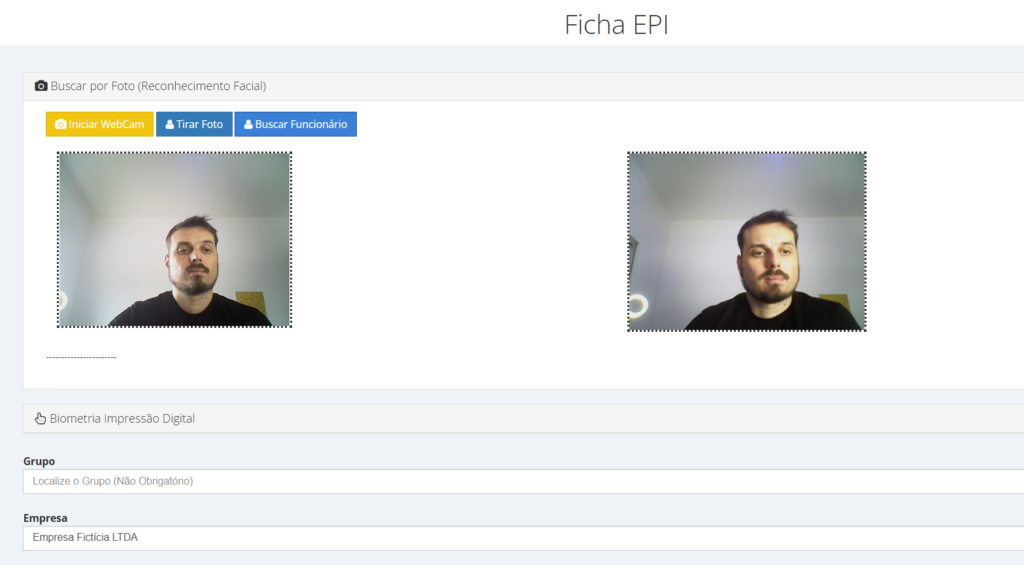 Tela da ficha de EPI com captura de foto por webcam para localizar o cadastro do funcionário