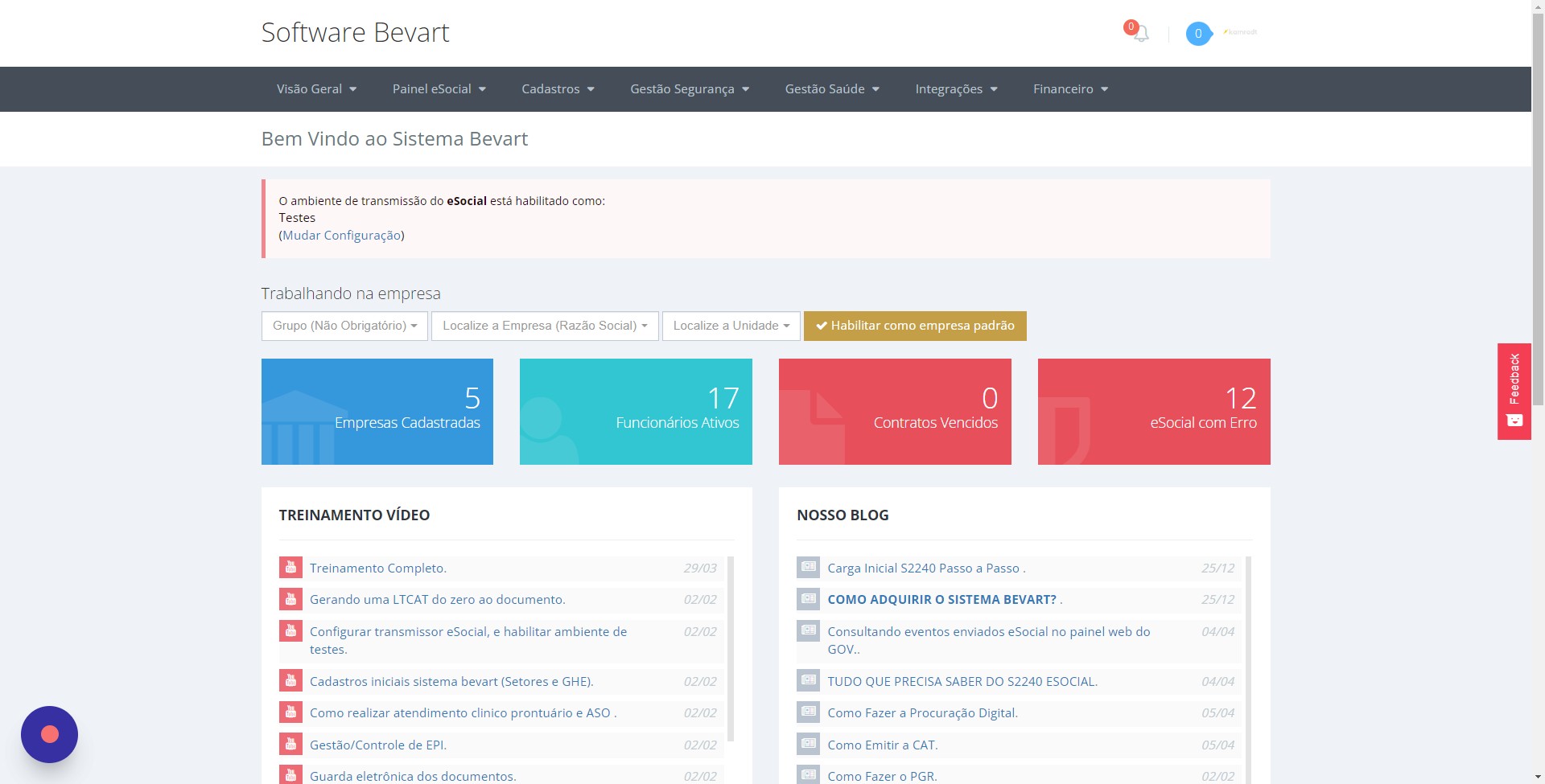 Acesso ao menu de configuração do Transmissor eSocial no Bevart