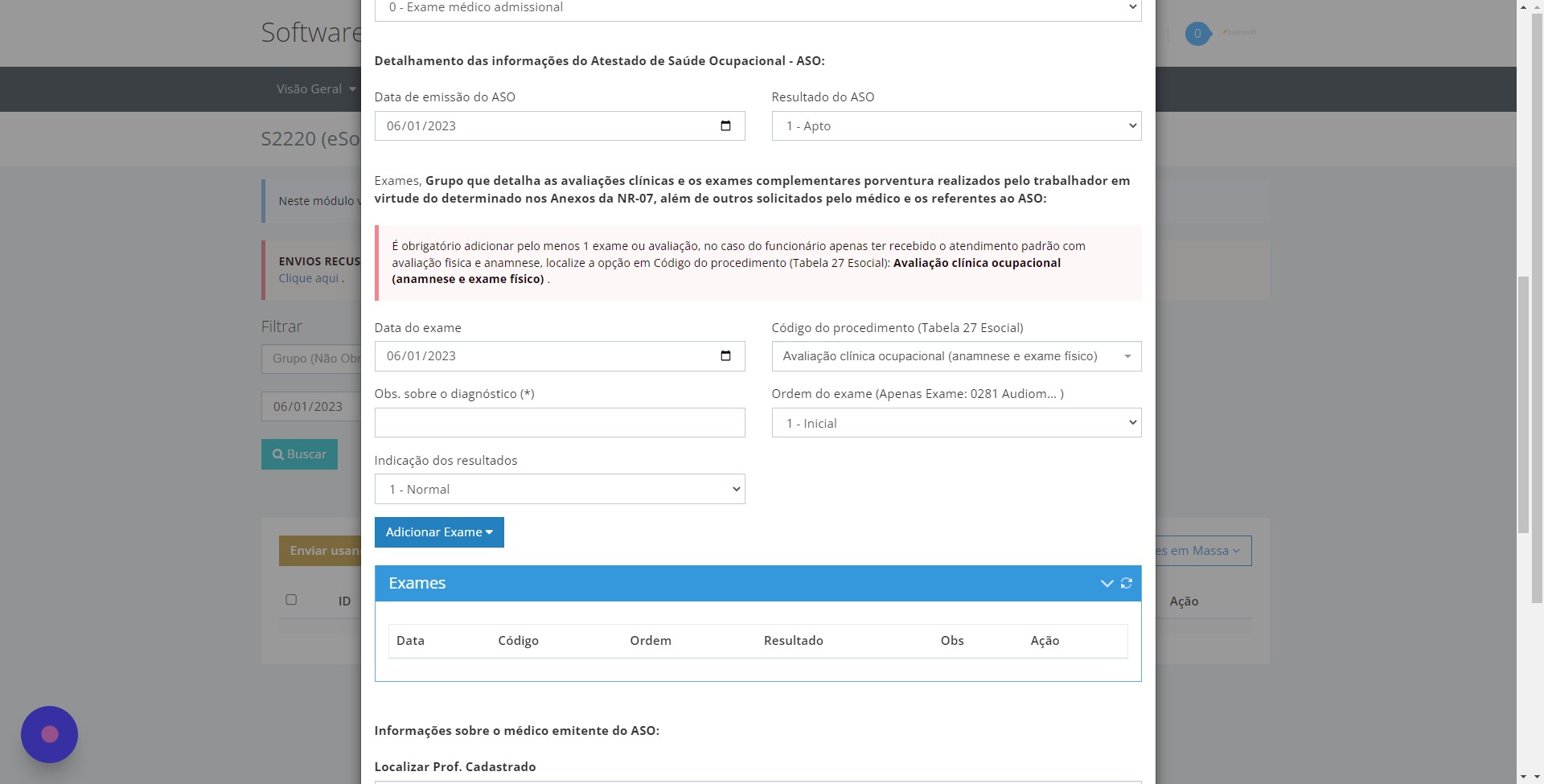 Confirmação e adição do procedimento diagnóstico à lista de exames