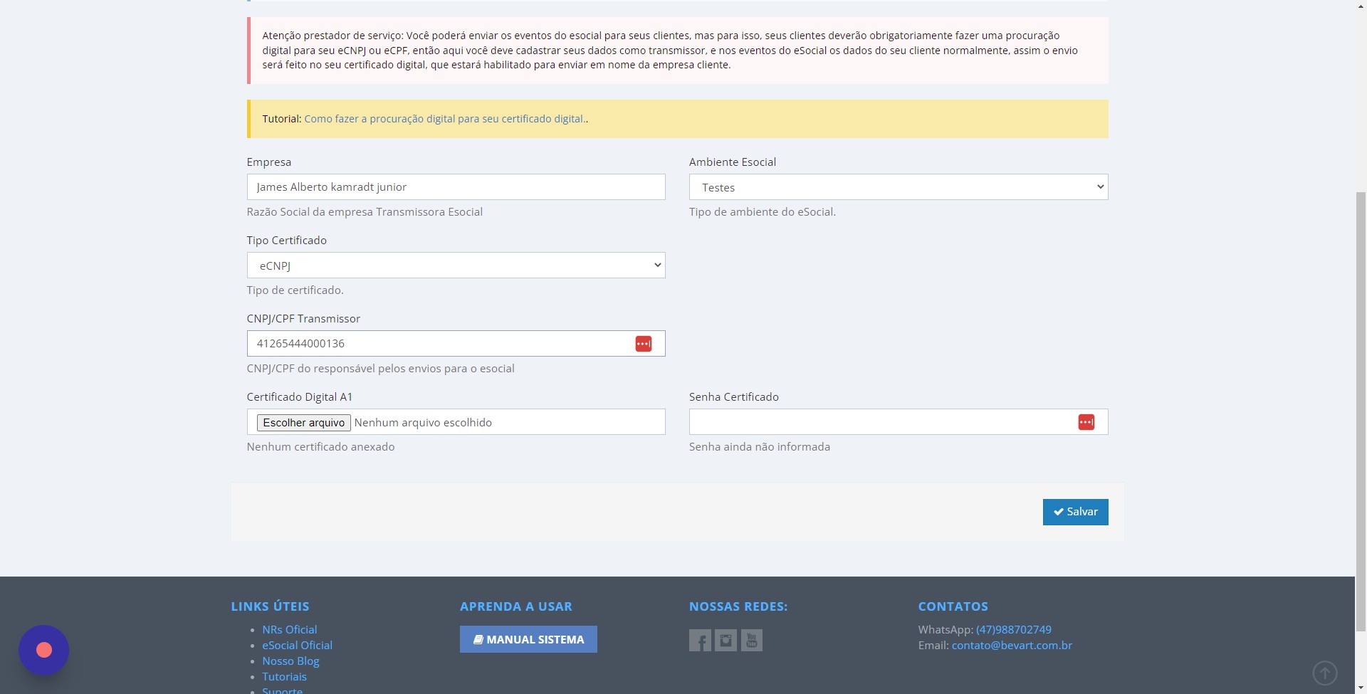 Tela de salvamento das credenciais do certificado digital A1