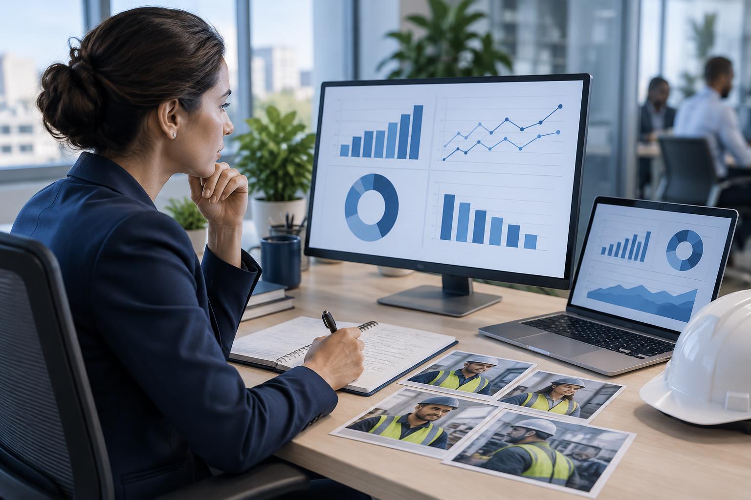 Profissional de SST analisando painéis de indicadores de absenteísmo e rotatividade ao lado de anotações de escuta dos trabalhadores