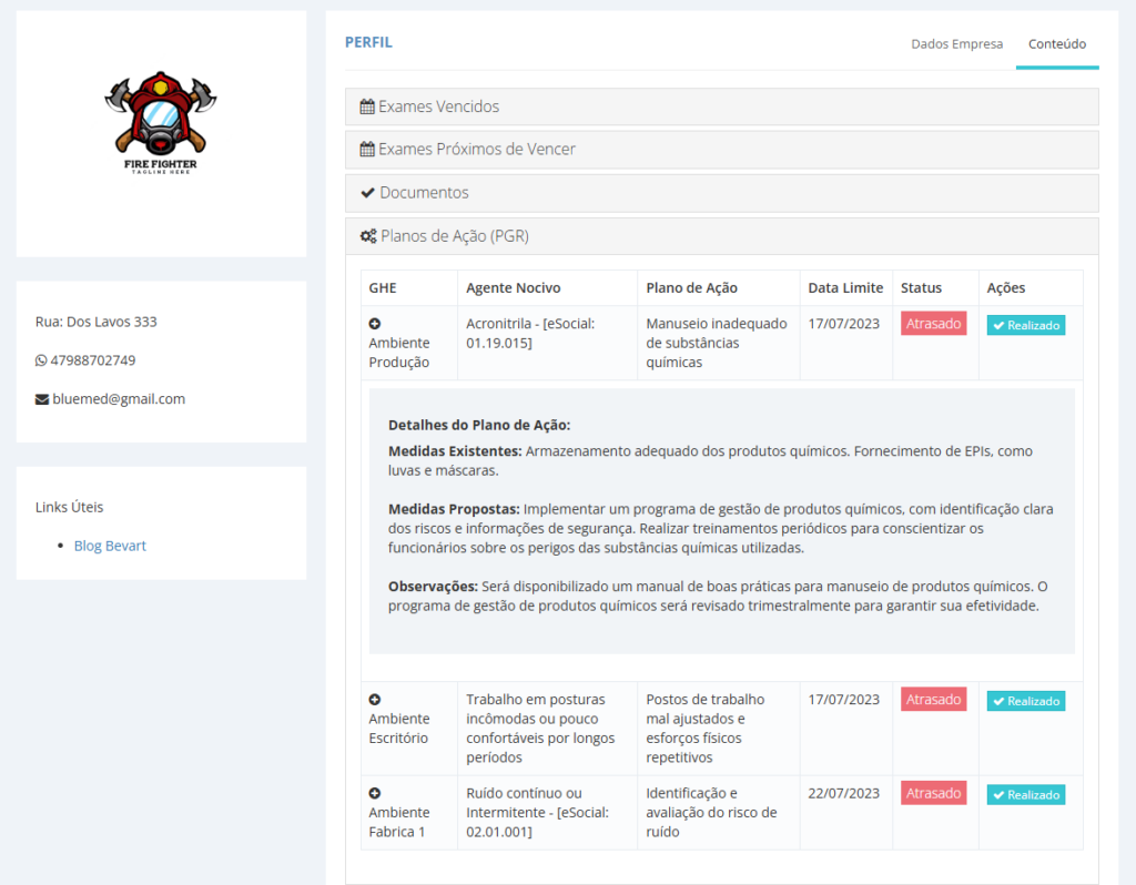 Tela da área do cliente do Bevart com documentos disponíveis, situação dos exames e planos de ação