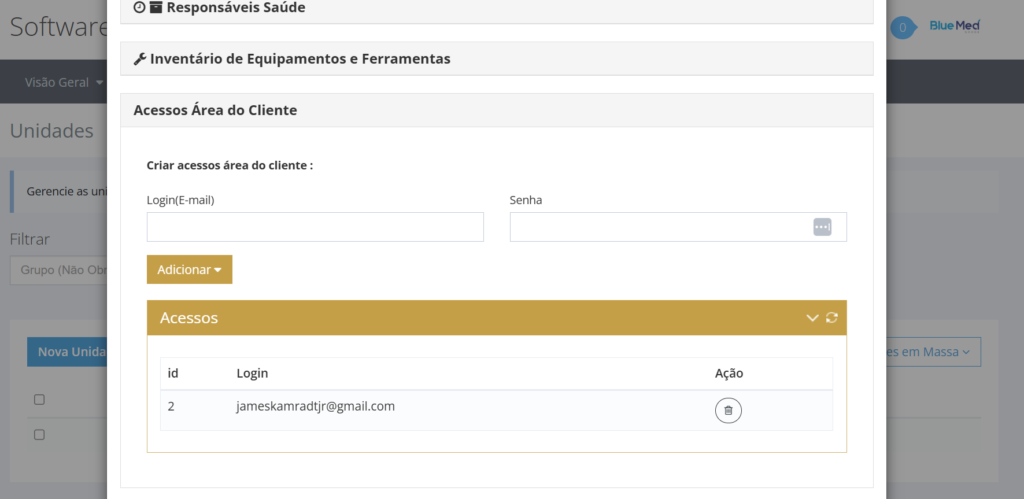 Tela de criação de acessos da área do cliente, com campos de login e senha por unidade