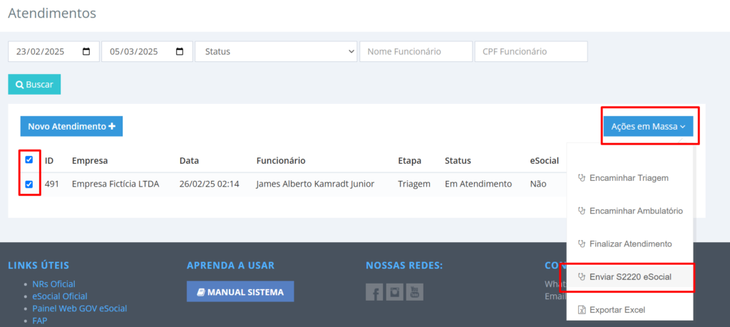 Tela de envio em massa do evento S-2220 ao eSocial no Bevart