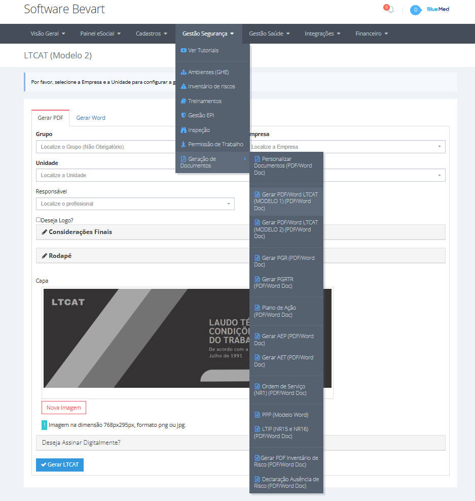 Menu de geração de documentos do Bevart com a opção de gerar o PDF do LTCAT