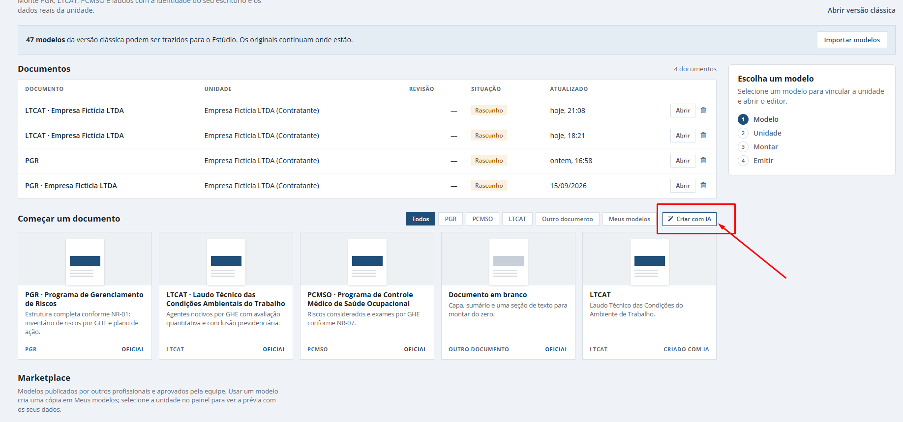 Seção Começar um documento do Estúdio de Documentos, com o botão Criar com IA ao lado dos filtros de modelos