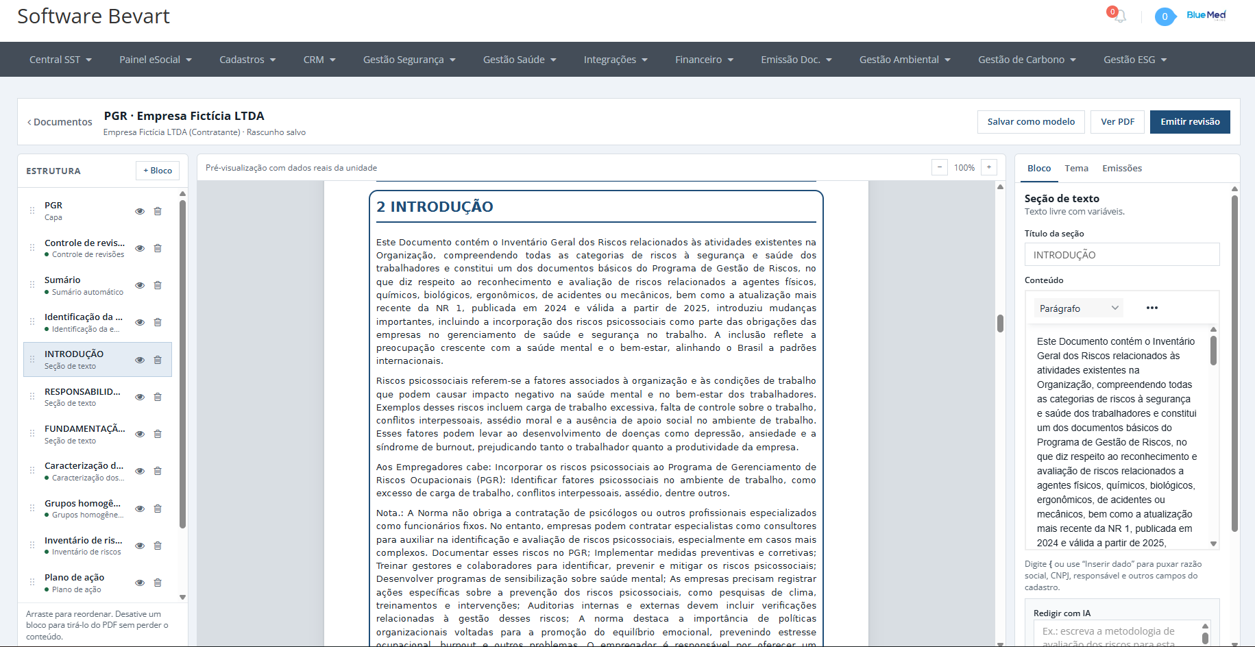 Editor do Estúdio de Documentos com a lista de blocos do modelo à esquerda e a pré-visualização da identificação da empresa com dados da unidade à direita