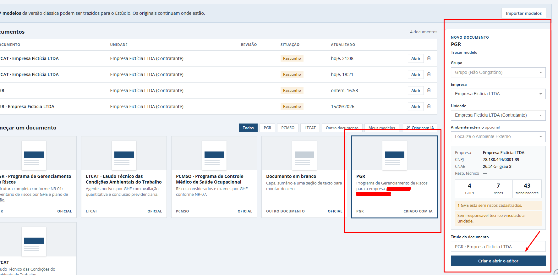 Painel do Estúdio de Documentos para gerar um documento, com seleção de grupo, empresa e unidade