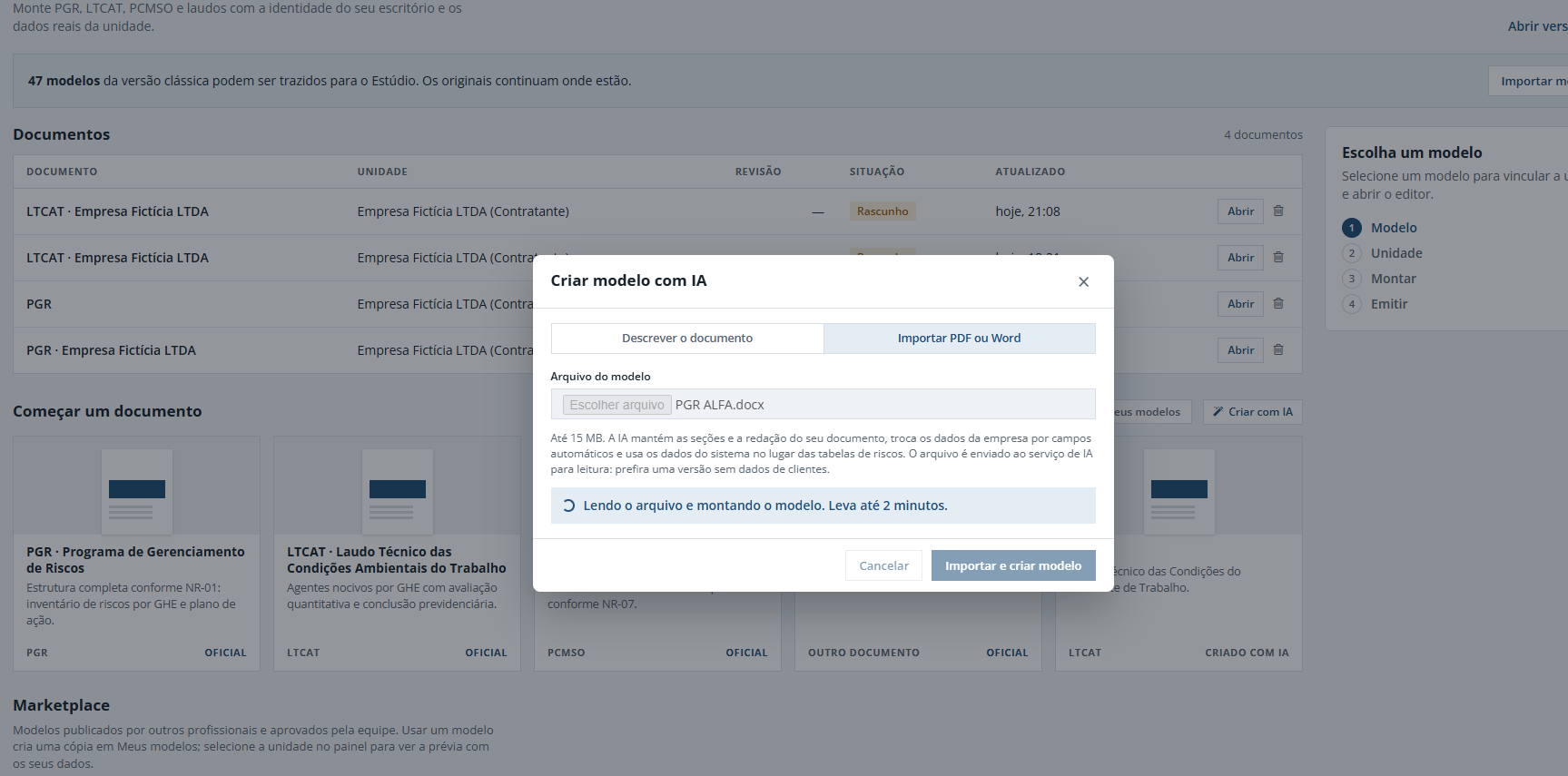 Janela Criar modelo com IA no Bevart, na aba Importar PDF ou Word, com o campo de arquivo e o botão Importar e criar modelo