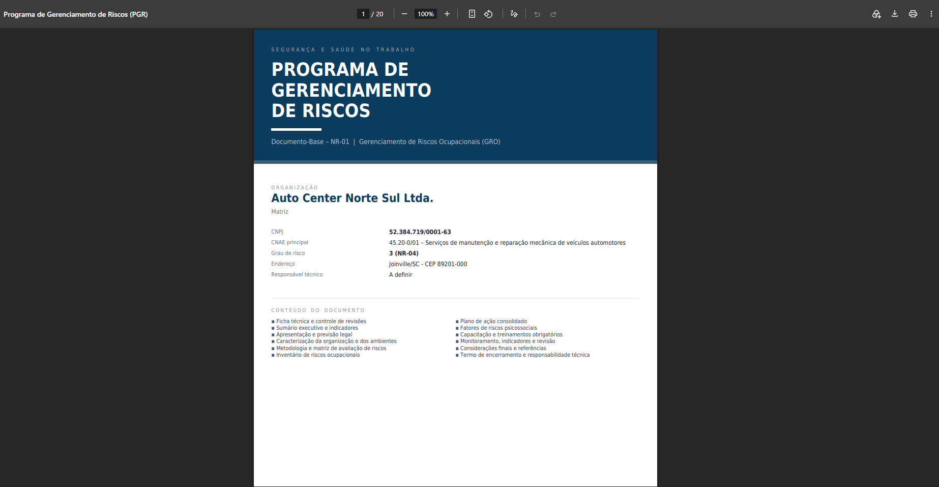 Capa do PGR no Modelo Premium, com faixa institucional, logo do cliente e dados cadastrais da unidade