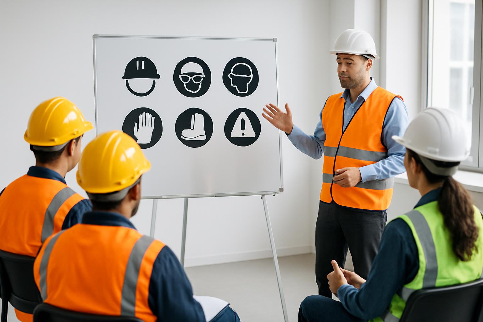 Equipe de trabalhadores de capacete em treinamento de segurança do trabalho, com instrutor apresentando uma norma regulamentadora