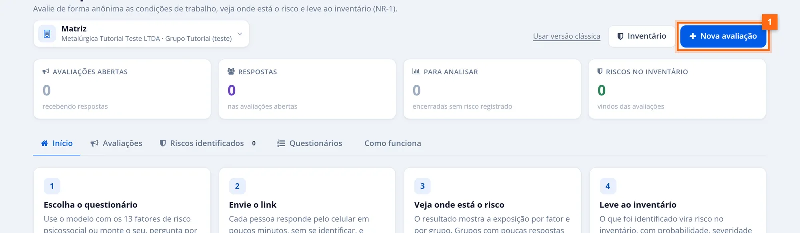Tela de riscos psicossociais com a unidade escolhida, os indicadores e o botão Nova avaliação destacado