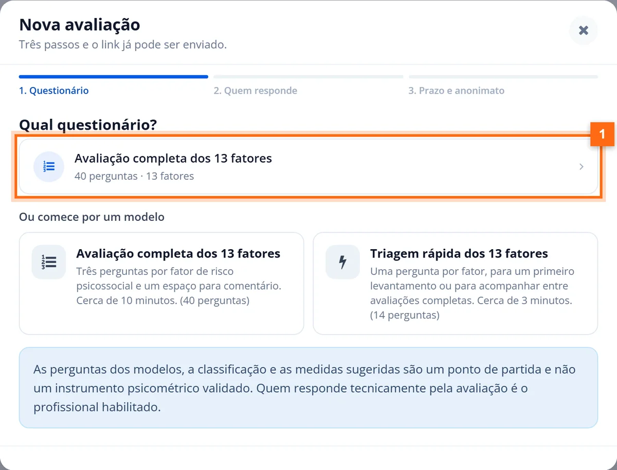 Etapa Questionário com a Avaliação completa dos 13 fatores destacada e os modelos de avaliação completa e triagem rápida