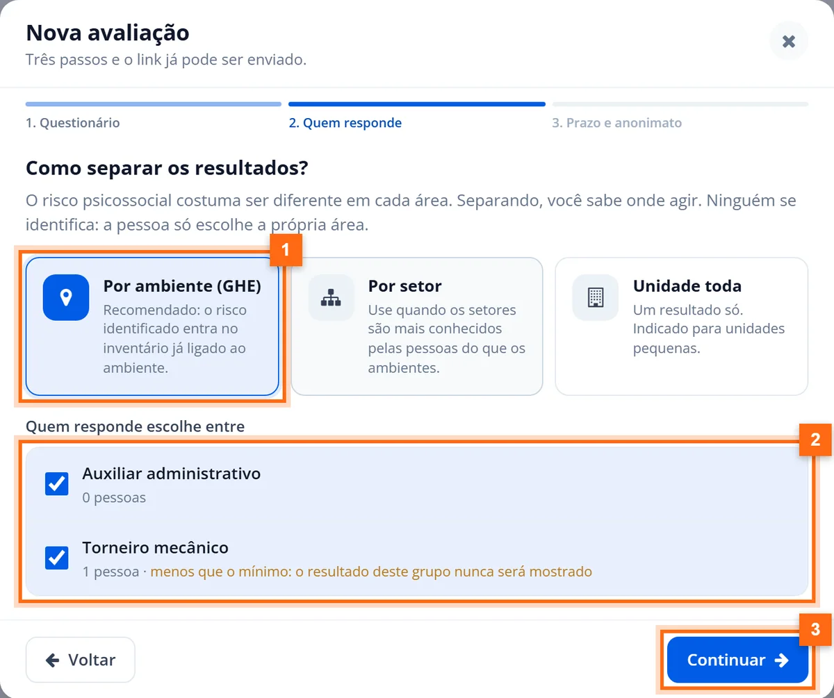 Etapa Quem responde com Por ambiente (GHE) selecionado e os ambientes Auxiliar administrativo e Torneiro mecânico marcados