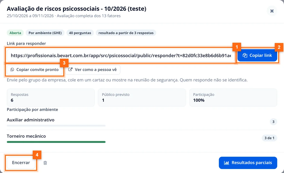 Ficha da avaliação aberta com o link para responder, os botões Copiar link e Copiar convite pronto, a participação por ambiente e o botão Encerrar
