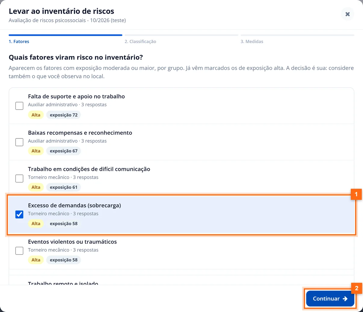 Etapa Fatores do assistente com Excesso de demandas do Torneiro mecânico marcado e os demais desmarcados