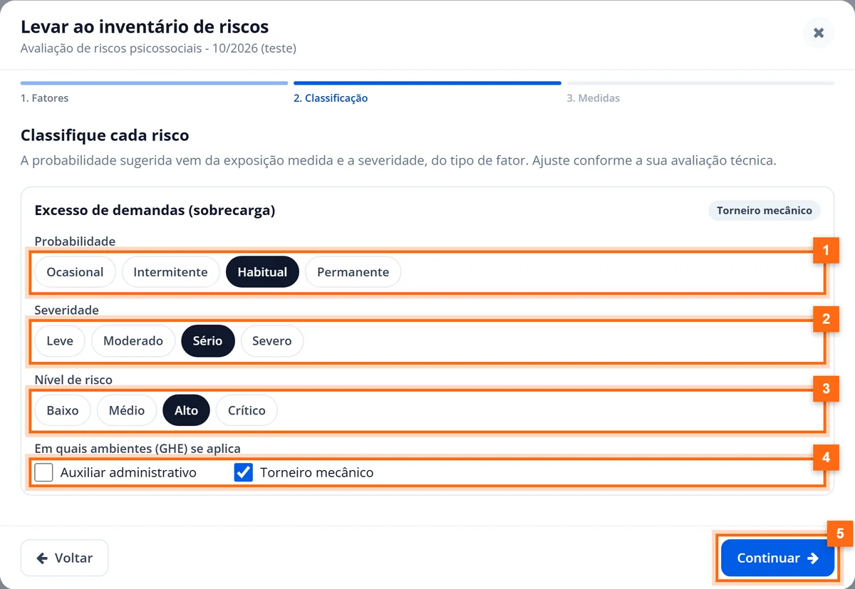 Etapa Classificação com probabilidade Habitual, severidade Sério, nível Alto e o ambiente Torneiro mecânico marcado