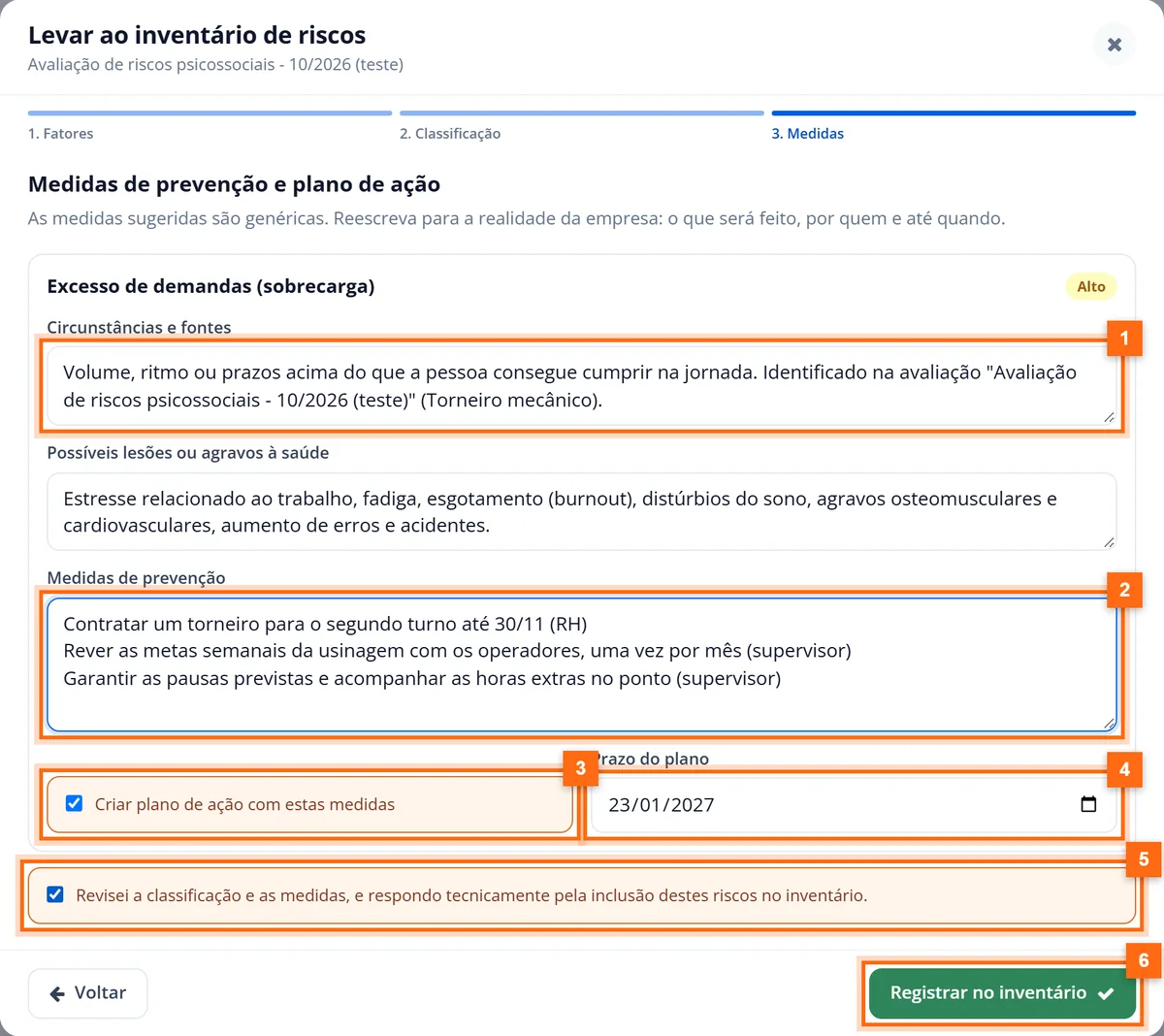 Etapa Medidas com circunstâncias, medidas de prevenção reescritas, plano de ação marcado, prazo e a declaração de revisão