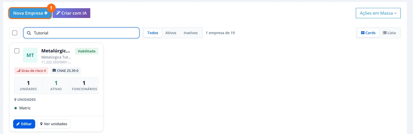 Tela de empresas do Bevart com o botão Nova Empresa destacado