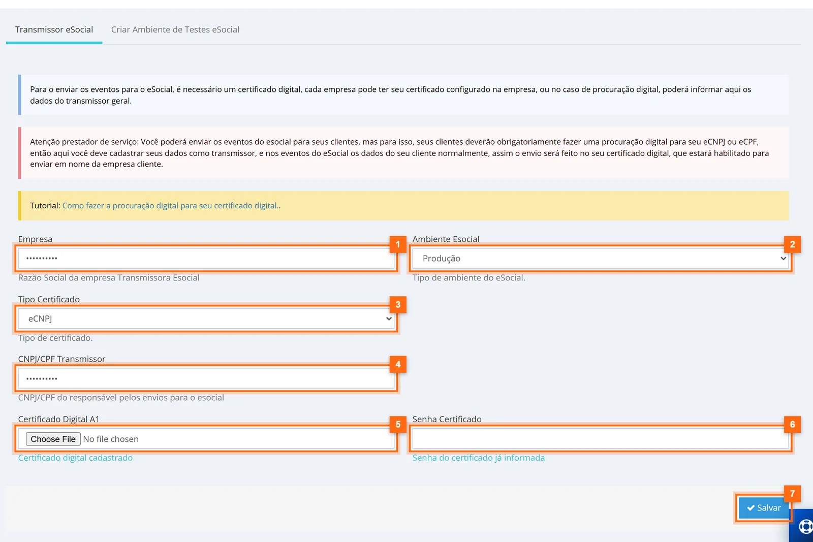 Tela Transmissor eSocial com os campos empresa, ambiente, tipo de certificado, CNPJ do transmissor, certificado A1 e senha