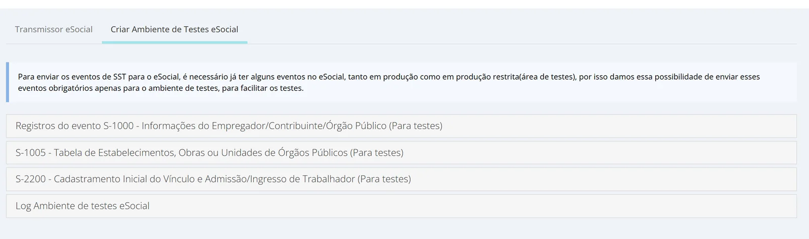 Aba Criar Ambiente de Testes eSocial com os eventos S-1000, S-1005 e S-2200 para testes