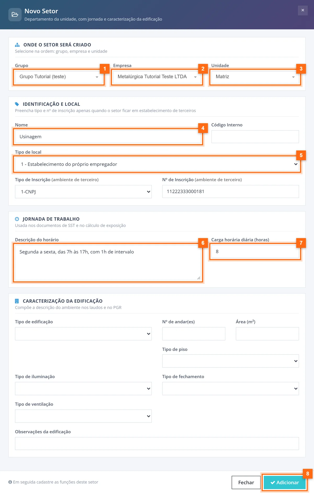 Formulário Novo Setor com grupo, empresa, unidade, nome, tipo de local, descrição do horário e carga horária