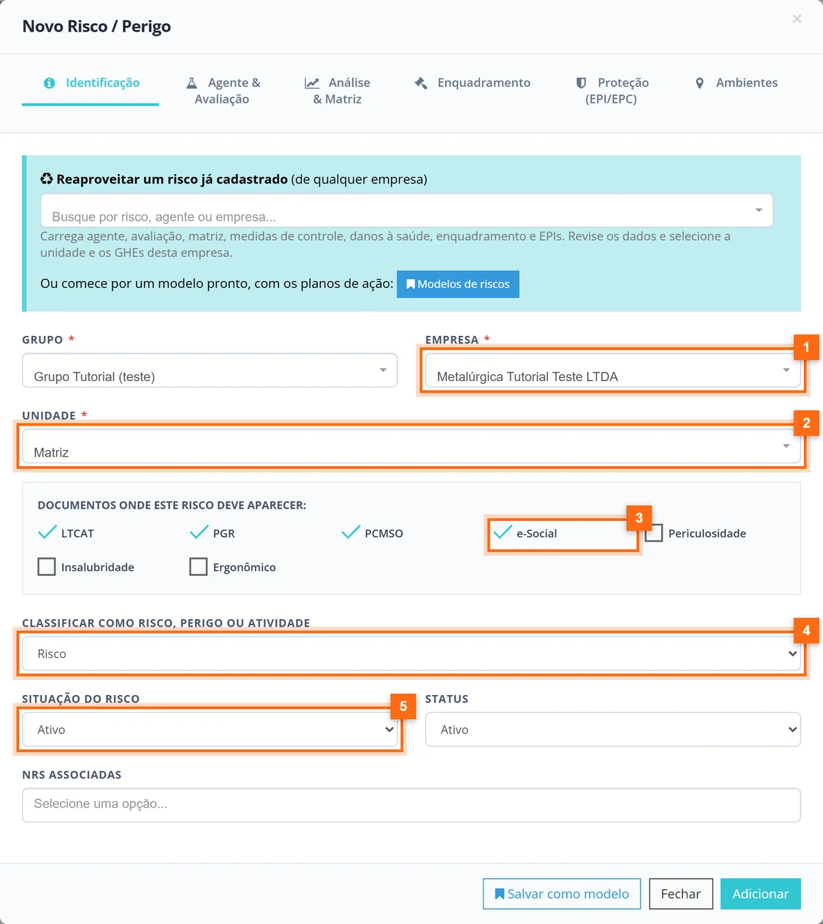 Aba Identificação do risco com empresa, unidade, a marca e-Social nos documentos, classificação e situação