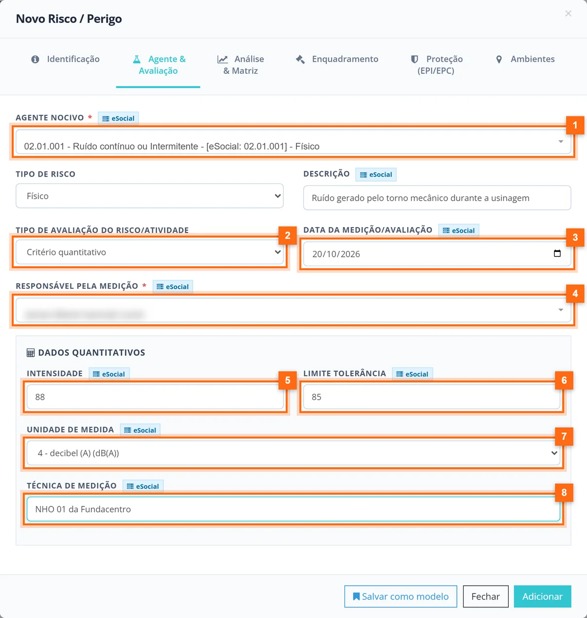 Aba Agente e Avaliação com agente nocivo 02.01.001, critério quantitativo, data, responsável, intensidade 88, limite 85 e unidade dB(A)