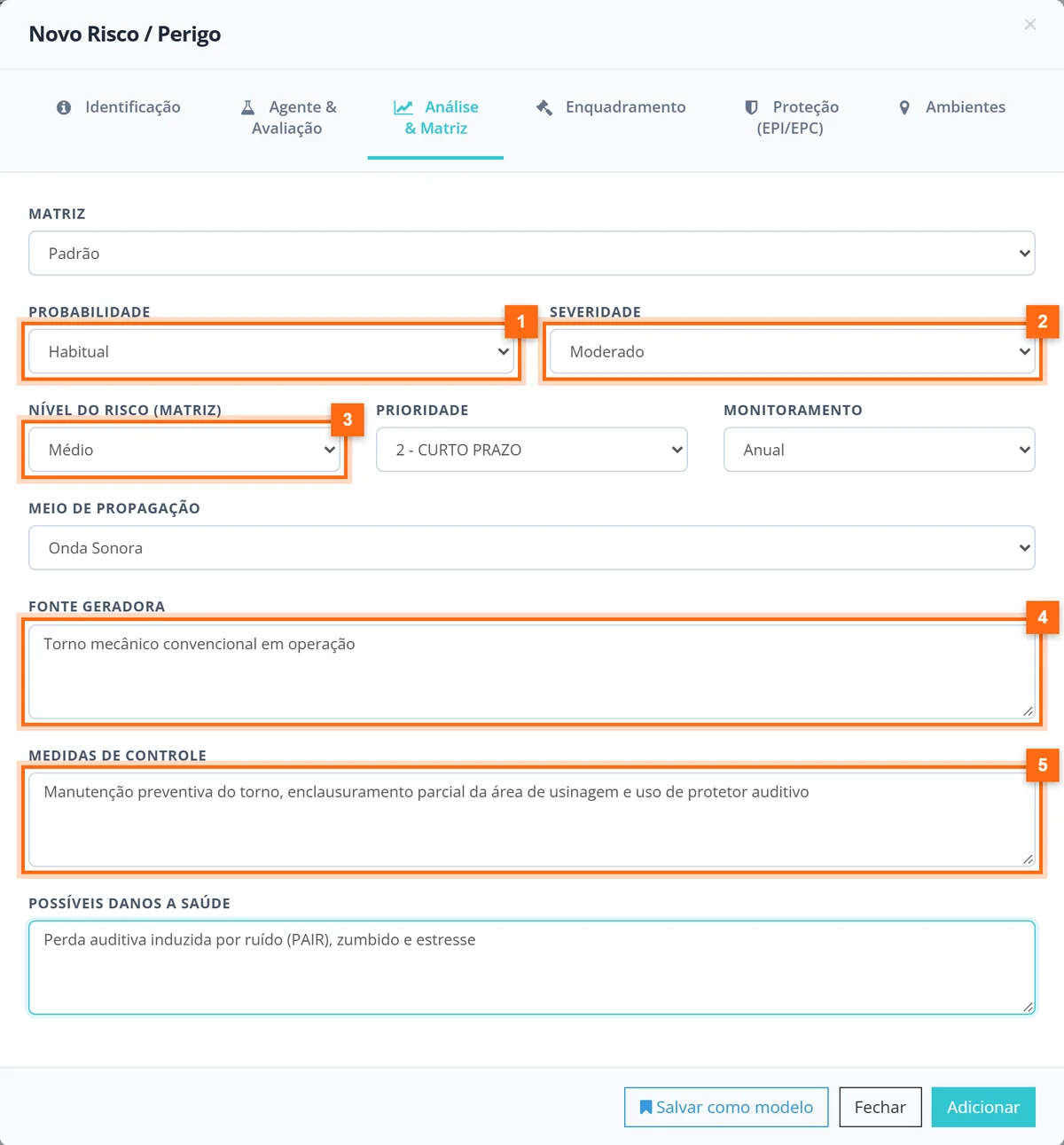 Aba Análise e Matriz com probabilidade, severidade, nível do risco, fonte geradora e medidas de controle