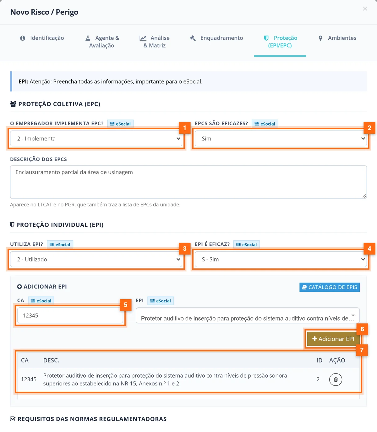 Aba Proteção com EPC implementado e eficaz, EPI utilizado e eficaz, CA, botão Adicionar EPI e a tabela com o protetor auditivo