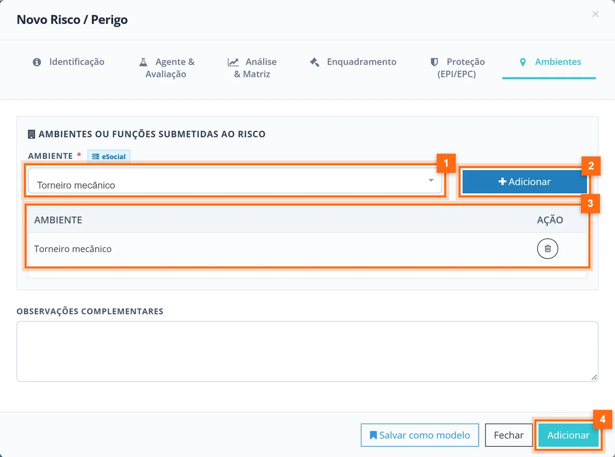 Aba Ambientes com o GHE Torneiro mecânico adicionado à tabela e o botão Adicionar do rodapé