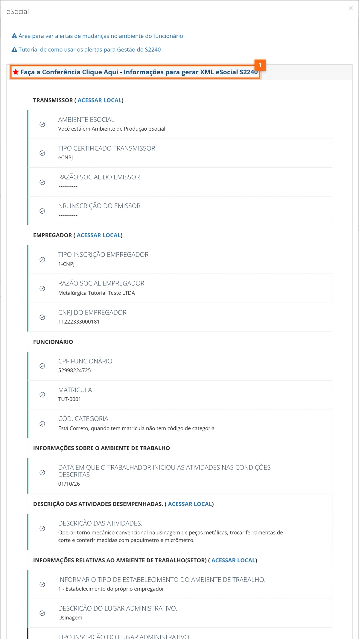 Conferência das informações para gerar o XML do S-2240, com transmissor, empregador, funcionário e ambiente de trabalho