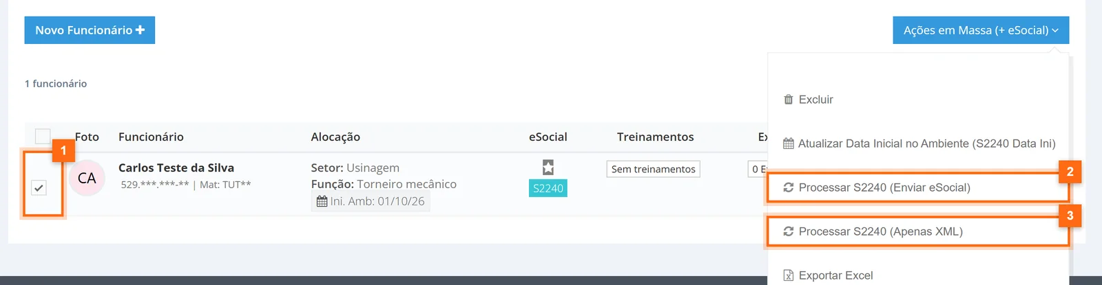 Funcionário marcado na tabela e o menu Ações em Massa com Processar S2240 Enviar eSocial e Apenas XML