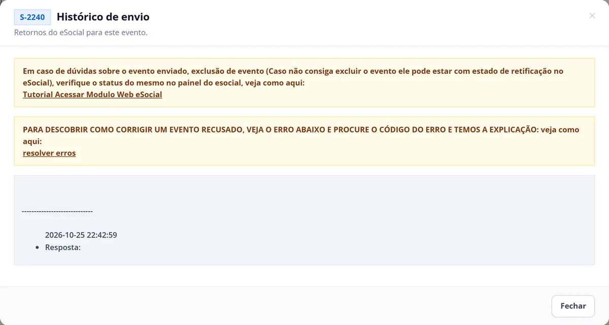 Histórico de envio do S-2240 com orientações sobre exclusão e correção de eventos recusados