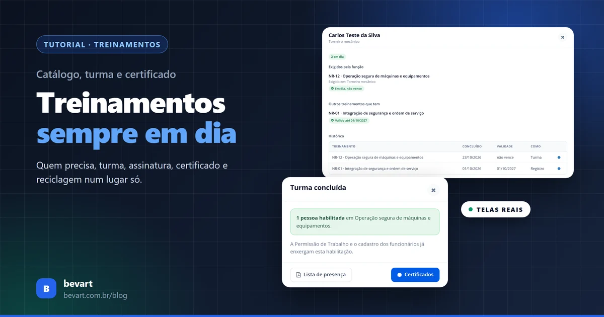 Capa do tutorial de gestão de treinamentos do Bevart com a ficha do funcionário e a turma concluída