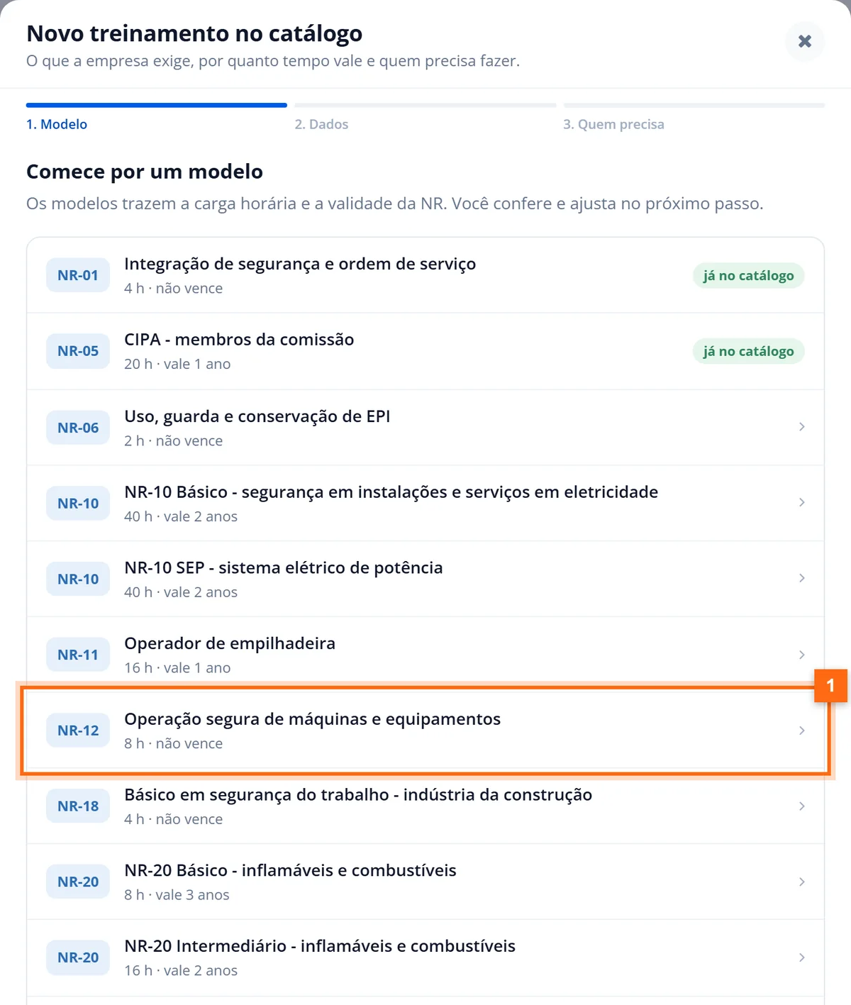 Lista de modelos de treinamento por NR, com o modelo NR-12 Operação segura de máquinas e equipamentos destacado
