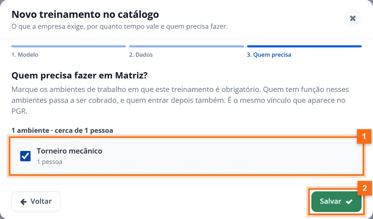 Etapa Quem precisa com o ambiente Torneiro mecânico marcado e o botão Salvar