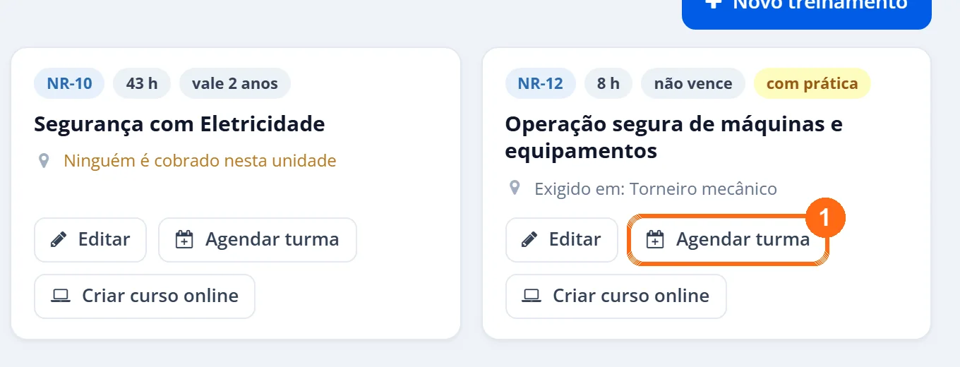 Card do treinamento NR-12 no catálogo com o botão Agendar turma destacado