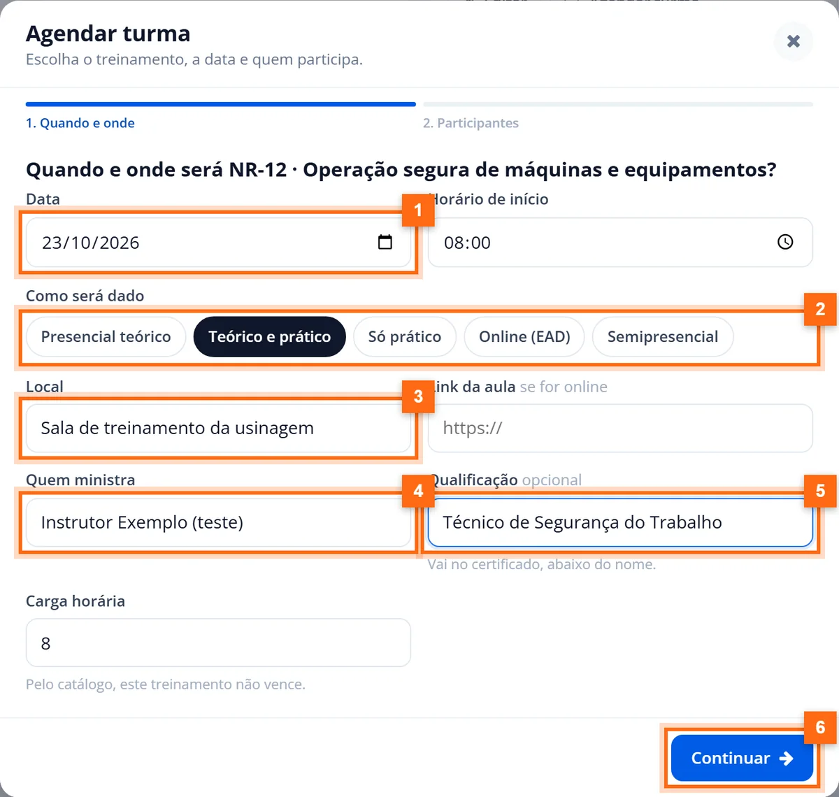 Etapa Quando e onde do agendamento com data, forma teórico e prático, local, instrutor e qualificação